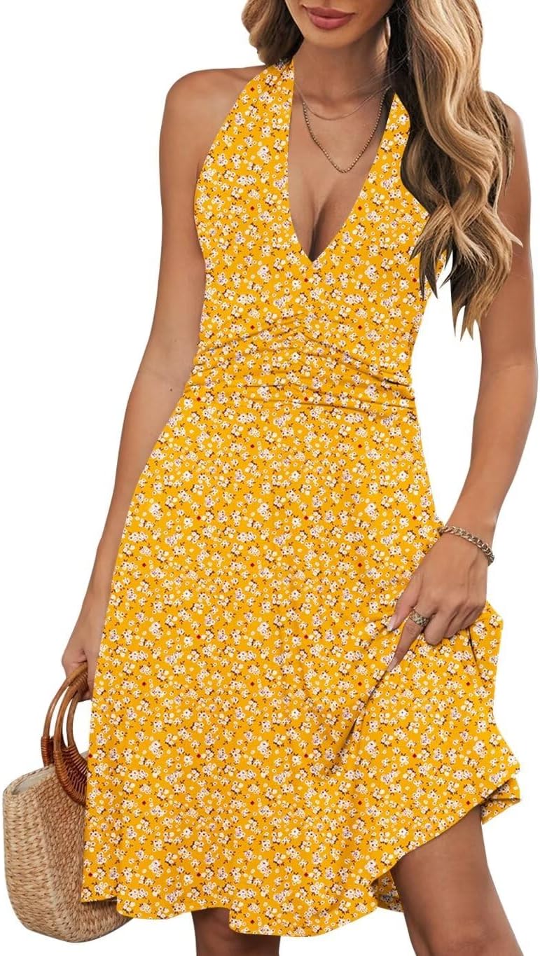 Wkior Womens Summer Halter Neck Sundress with Pocket | Sleeveless Backless Dress, Waist Ruched, Floral Boho Style, Beach Vacation Travel Outfit, Daily Casual Clothes