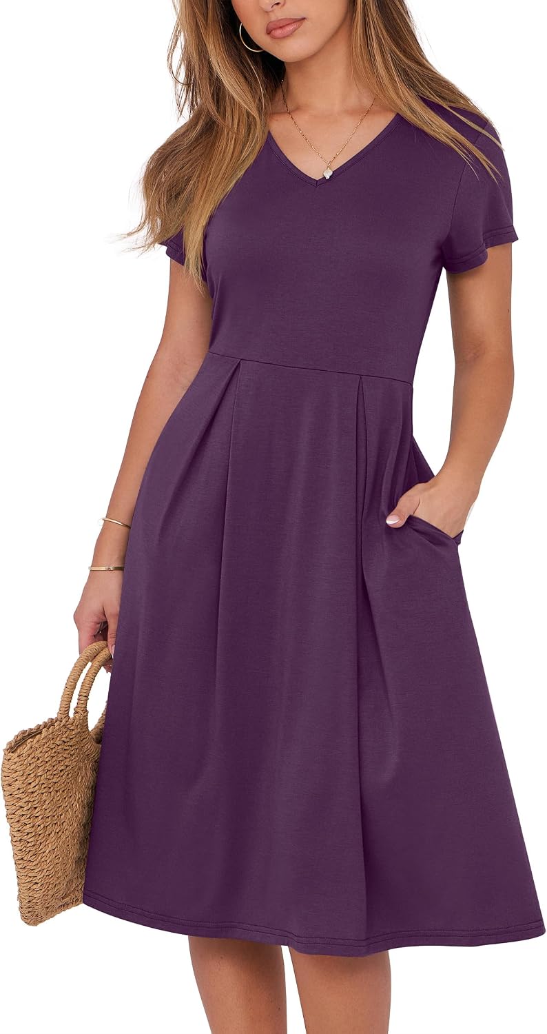 ANRABESS Women Summer Casual Short Sleeve A Line Midi Dresses with Pocket | V Neck Knee Length Pleated Flowy Slim Fit, Casual Business Office Work Teacher Wear, Church Funeral Wedding Guest Outfits