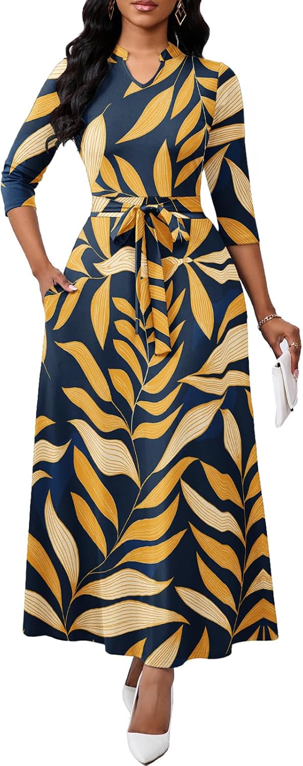 BubFee Maxi Dresses for Women Semi Formal Long Dress 3\/4 Sleeve Casual A-line Church Dresses with Pockets