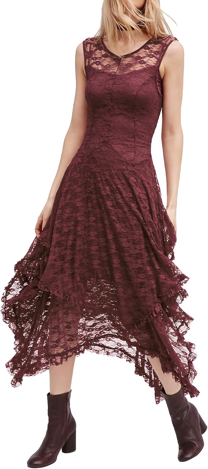 R.Vivimos Womens Lace Long Dress with Slip Two Pieces | Sleeveless, Backless, Asymmetrical Layered Hem, Beach, Vacation, Wedding, Cocktail, Party Outfits