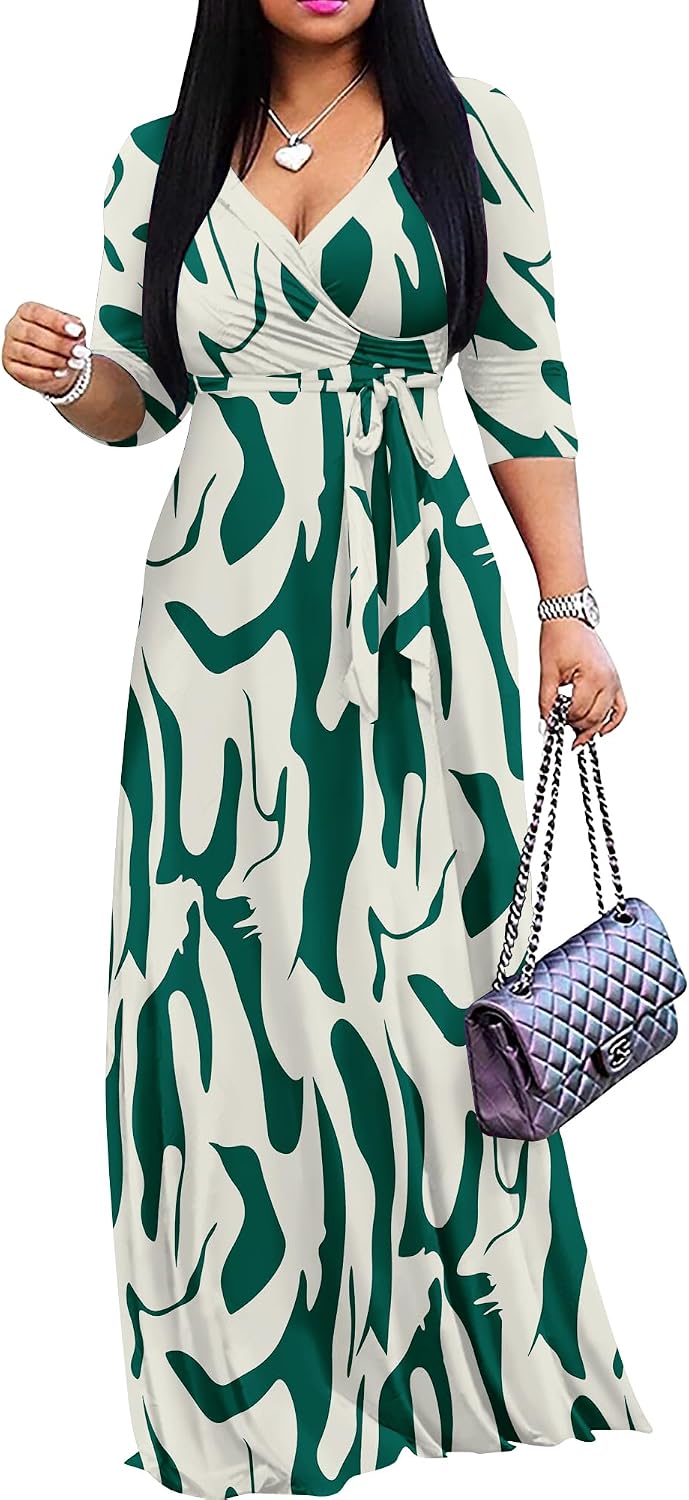 FANDEE Plus Size Maxi Dress for Women - Summer Long Dresses Casual | Women's Curvy Fit Long Dress, Semi\u2011Formal Print Fitted Wrap Dress with Pockets & Belt, 3\/4-Sleeve V-Neck
