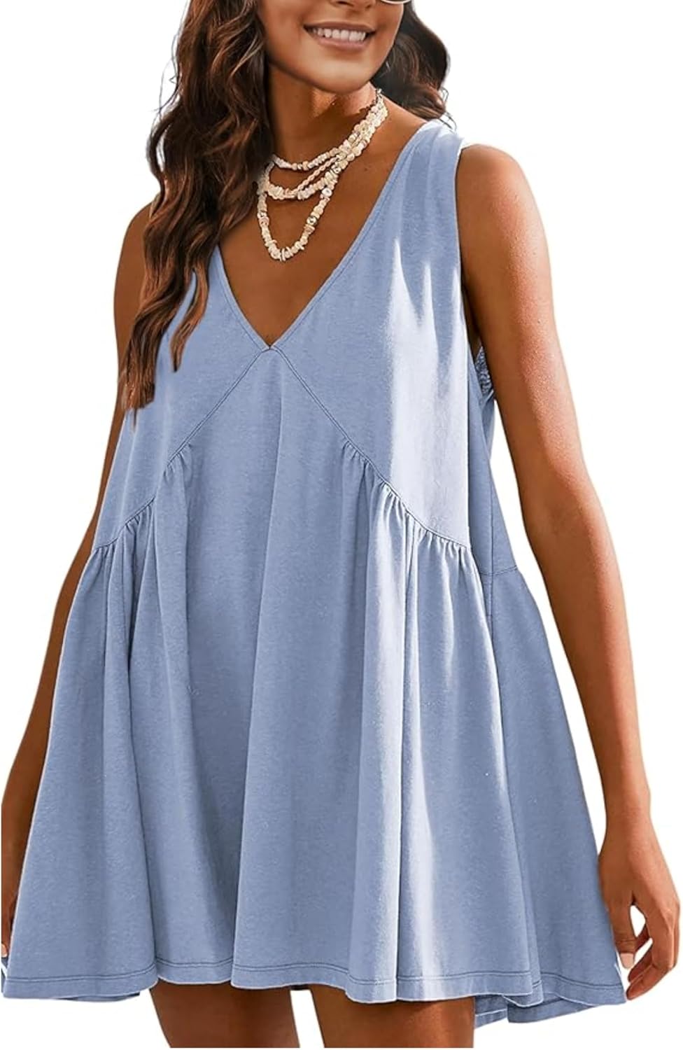 OPCAKM Women's V Neck Sleeveless Mini Dress Pleated Sundress | Soft Cotton Babydoll Summer Dresses,Flowy Swing Loose Fit for Casual Daily Wear,Party and Outdoor Activities