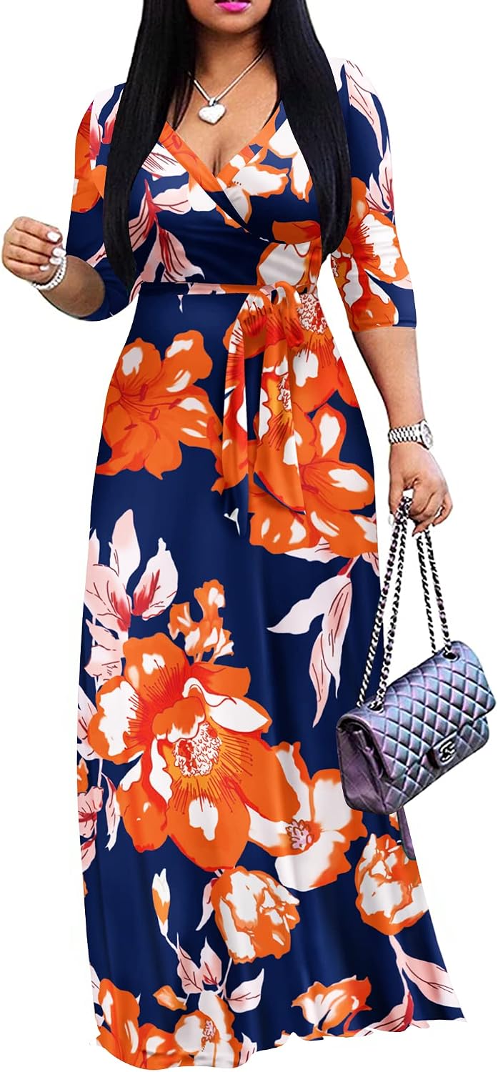 FANDEE Plus Size Maxi Dress for Women - Summer Long Dresses Casual | Women's Curvy Fit Long Dress, Semi\u2011Formal Print Fitted Wrap Dress with Pockets & Belt, 3\/4-Sleeve V-Neck