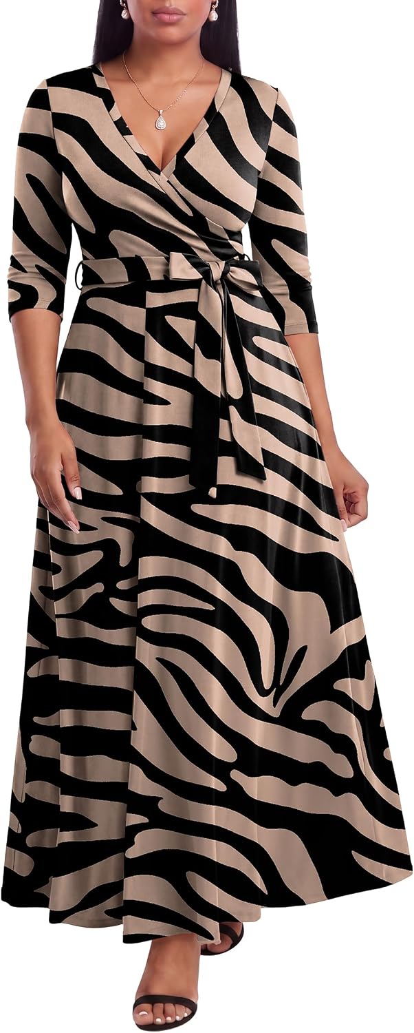 FANDEE Plus Size Maxi Dress for Women - Summer Long Dresses Casual | Women's Curvy Fit Long Dress, Semi\u2011Formal Print Fitted Wrap Dress with Pockets & Belt, 3\/4-Sleeve V-Neck