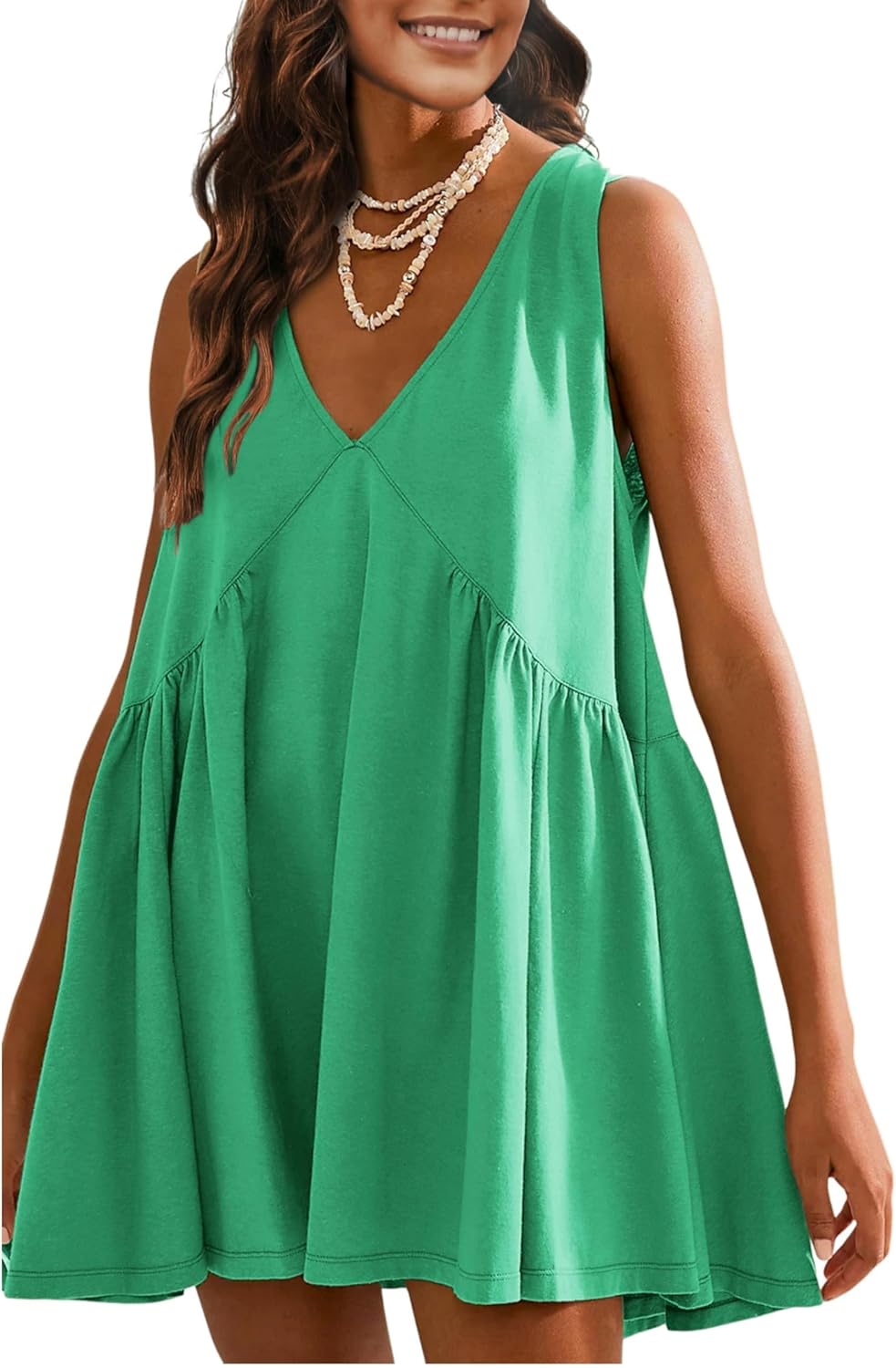 OPCAKM Women's V Neck Sleeveless Mini Dress Pleated Sundress | Soft Cotton Babydoll Summer Dresses,Flowy Swing Loose Fit for Casual Daily Wear,Party and Outdoor Activities