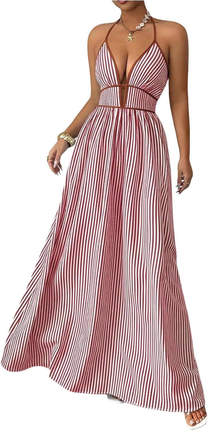 Floerns Women's Striped Halter Maxi Dress Backless Smocked Boho Dress | Striped, Halter Neck, Contrast Trim, Tropical Beach Vacation Outfits, Wedding Guest, Cute Maxi Dress