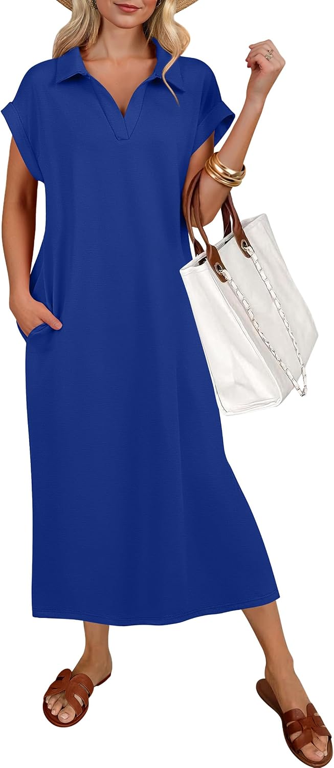 ANRABESS Womens Summer Casual Polo V Neck Dresses | Short Sleeve Split Tshirt Maxi Dress with Pockets, Soft Wrinkle-Free Loose Fit, Beach Vacation Travel Outfit, Summer Clothes