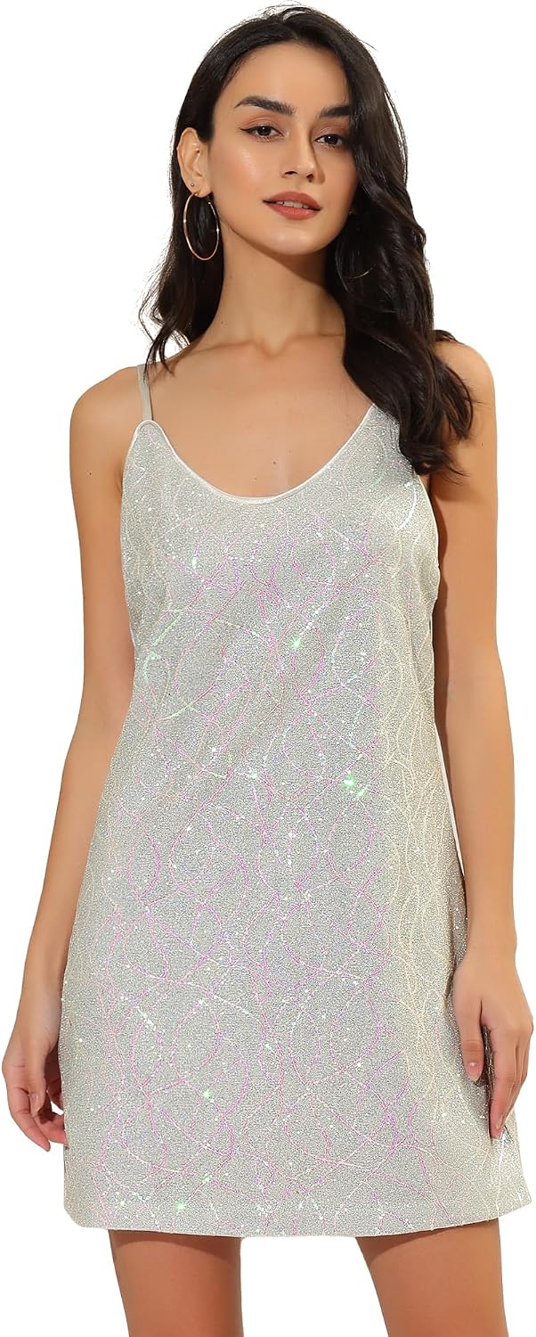 Allegra K Women's Glitter Sequin Dress Spaghetti Strap V Neck Party Cocktail Sparkly Mini Dress Clubwear