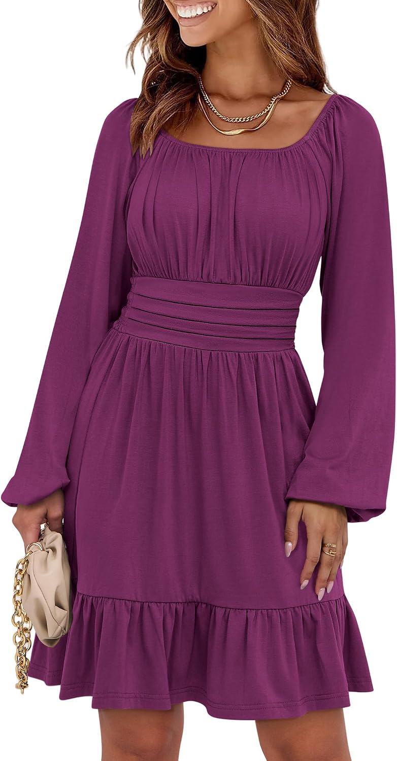 ANRABESS Women Long Lantern Sleeve Square Neck Fall Short Dress | Elastic Waist Belly Hide,Ruffle Flowy A-Line Mini Dress,Backless,Spring Summer Fashion Trendy,Cute Travel & Party Daily Wear