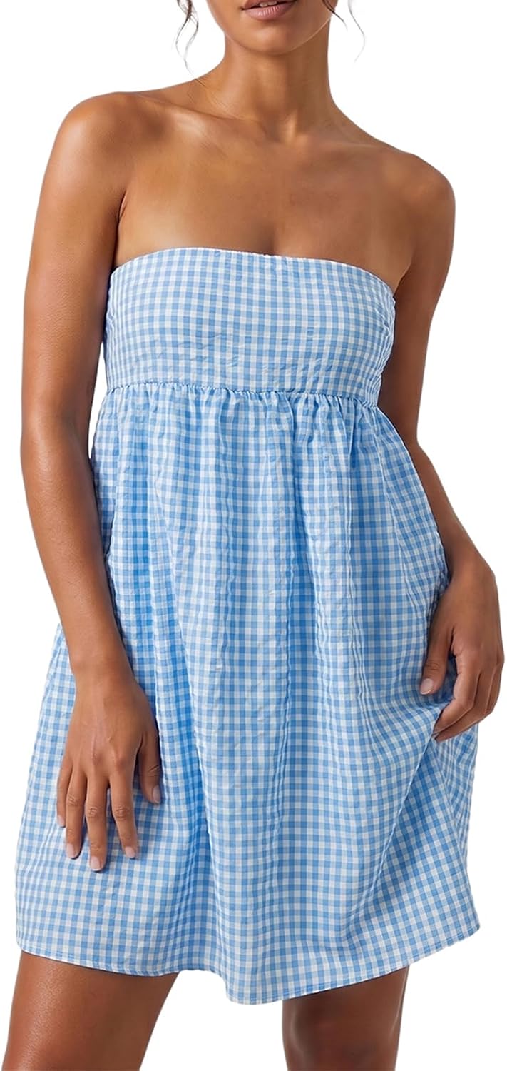 Women Strapless Gingham Tube Top Dress Summer Plaid Tie Back Mini Sundress | Backless Bandeau Dress, Ruffle Trim Flowy A-Line Short Dress, Gingham Babydooll Mini Dress with Pockets for Beach Vacation