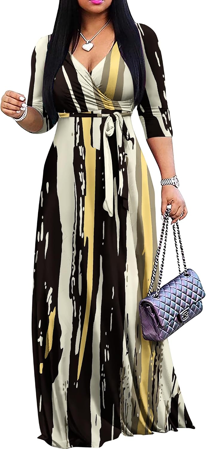 FANDEE Plus Size Maxi Dress for Women - Summer Long Dresses Casual | Women's Curvy Fit Long Dress, Semi\u2011Formal Print Fitted Wrap Dress with Pockets & Belt, 3\/4-Sleeve V-Neck