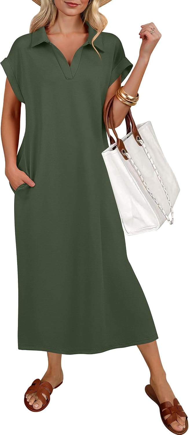 ANRABESS Womens Summer Casual Polo V Neck Dresses | Short Sleeve Split Tshirt Maxi Dress with Pockets, Soft Wrinkle-Free Loose Fit, Beach Vacation Travel Outfit, Summer Clothes