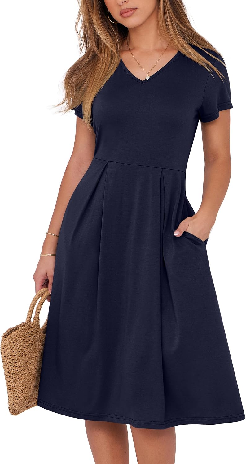 ANRABESS Women Summer Casual Short Sleeve A Line Midi Dresses with Pocket | V Neck Knee Length Pleated Flowy Slim Fit, Casual Business Office Work Teacher Wear, Church Funeral Wedding Guest Outfits