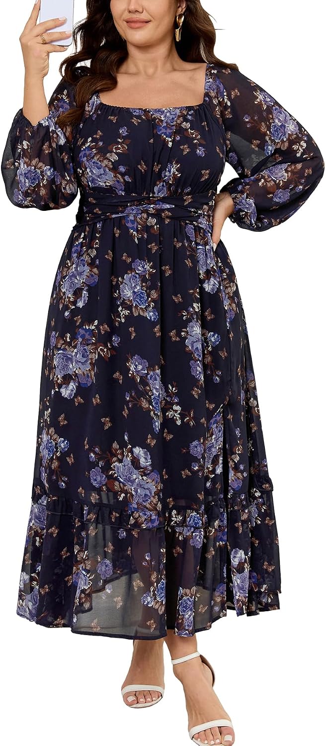 SCOMCHIC Women's Plus Size Fall Floral Wedding Guest Cocktail Maxi Dress | Square Neck, Long Sleeve, Smocked Back, Fit & Flare, Ruffle Hem A-Line, Side Slit, Long Chiffon Dress, Elegant Holiday Party