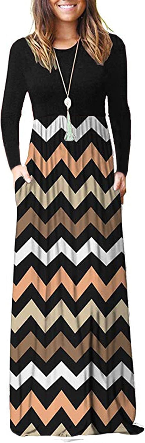 AUSELILY Womens Long Sleeve Maxi Dress Casual Empire Waist with Pockets | Versatile year round long dress for spring, fall, winter, available in floral prints and solids