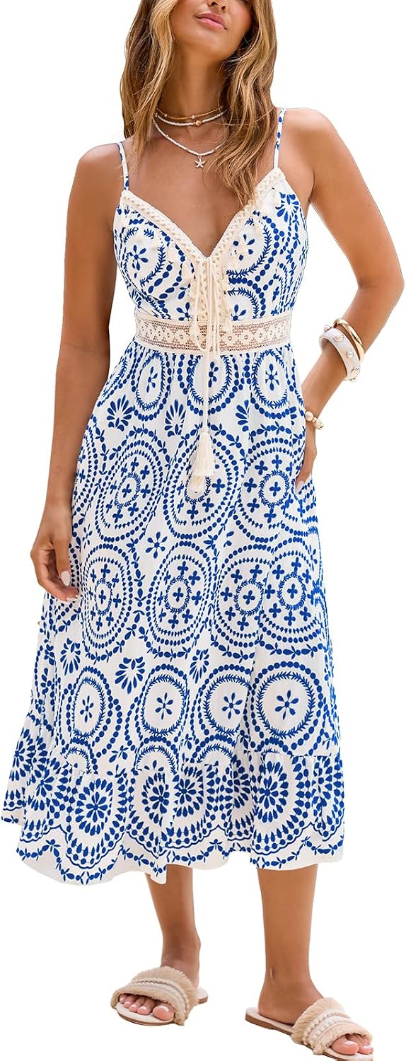 CUPSHE Women Summer Midi Dresses 2026 Boho Sleeveless Sundress | Sleeveless Spaghetti Straps Dress, Tassel, Crochet Lace Waist, Beach Vacation Resort Wear, Daily Casual, Spring, Travel Trip
