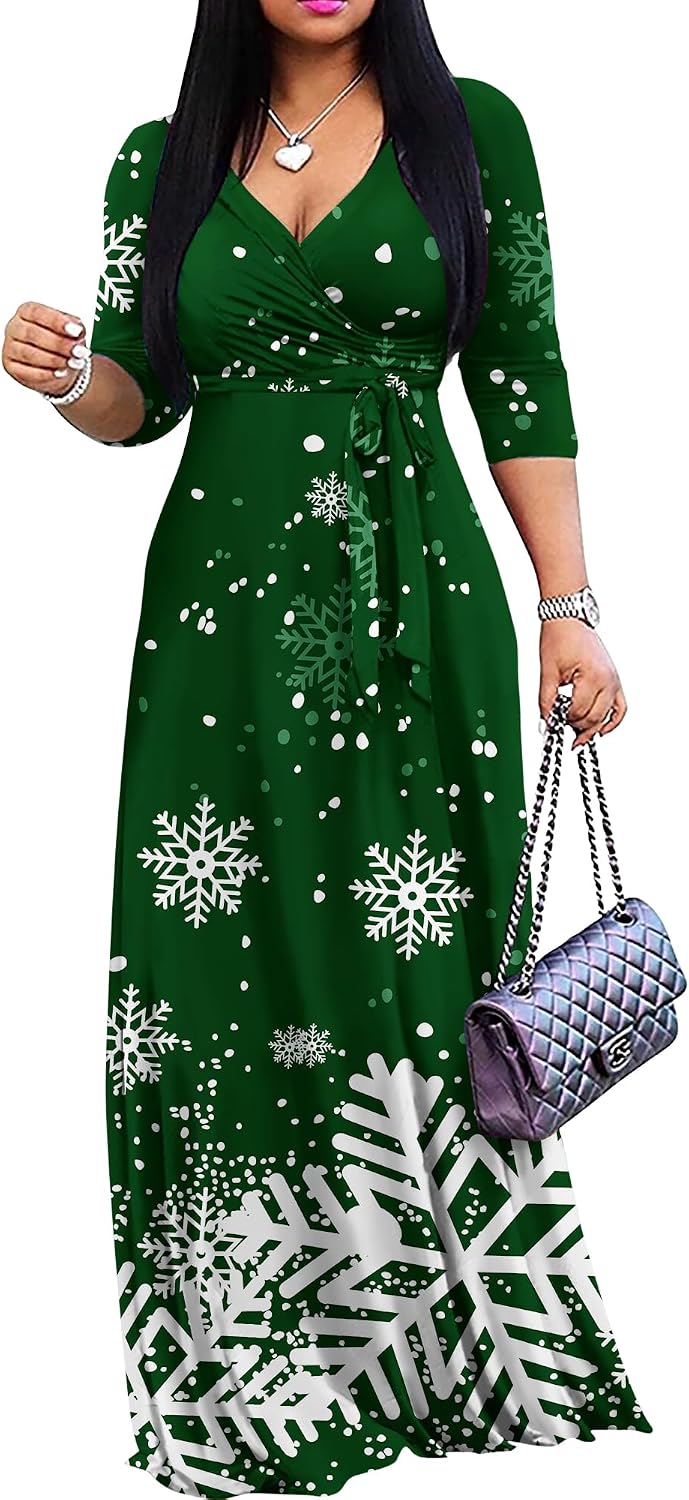 FANDEE Plus Size Maxi Dress for Women - Summer Long Dresses Casual | Women's Curvy Fit Long Dress, Semi\u2011Formal Print Fitted Wrap Dress with Pockets & Belt, 3\/4-Sleeve V-Neck
