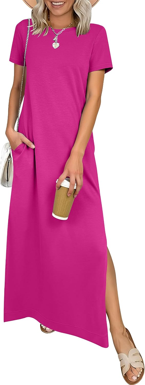 ANRABESS Womens Summer Maxi Dresses Wrinkle Free with Pockets | Air Layer Fabric, Short Sleeve Casual Travel Beach Vacation Long Dress, Crewneck Split, Comfort Work All-Day Wear Sundress