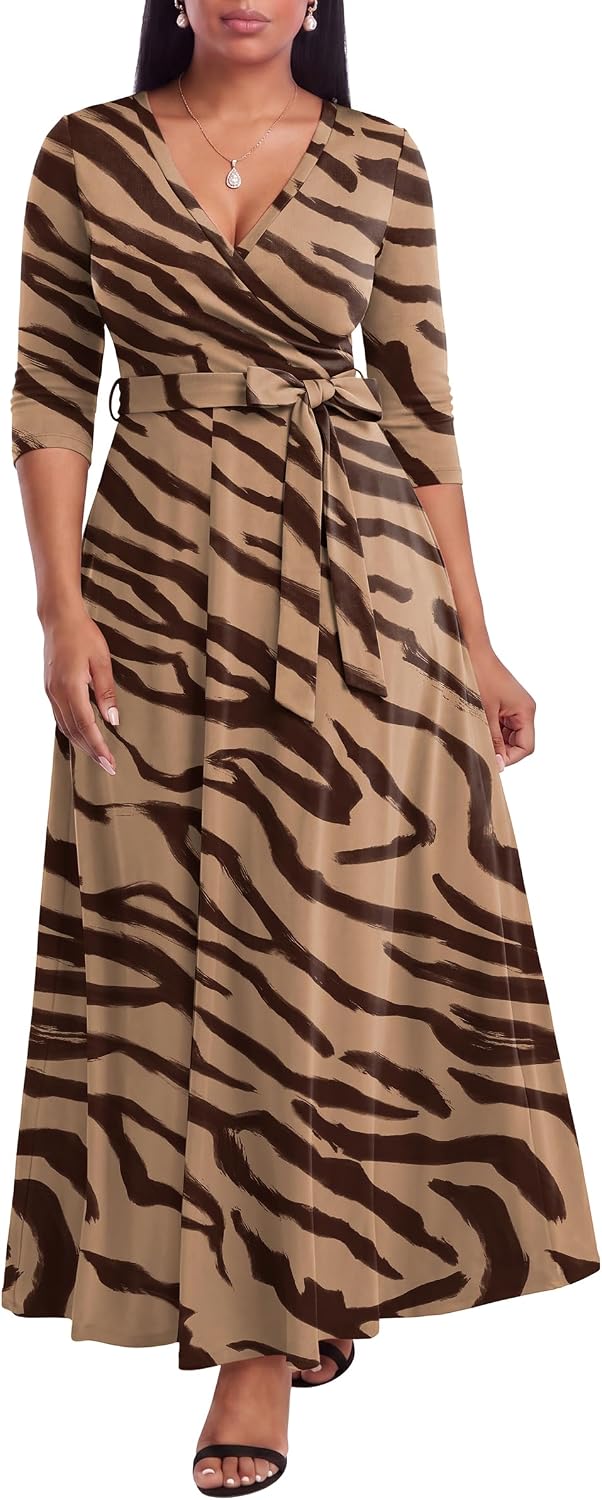 FANDEE Plus Size Maxi Dress for Women - Summer Long Dresses Casual | Women's Curvy Fit Long Dress, Semi\u2011Formal Print Fitted Wrap Dress with Pockets & Belt, 3\/4-Sleeve V-Neck
