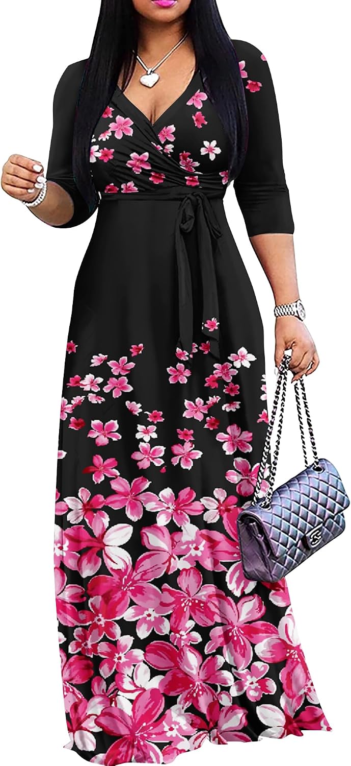 FANDEE Plus Size Maxi Dress for Women - Summer Long Dresses Casual | Women's Curvy Fit Long Dress, Semi\u2011Formal Print Fitted Wrap Dress with Pockets & Belt, 3\/4-Sleeve V-Neck