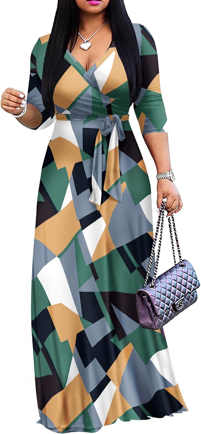 FANDEE Plus Size Maxi Dress for Women - Summer Long Dresses Casual | Women's Curvy Fit Long Dress, Semi\u2011Formal Print Fitted Wrap Dress with Pockets & Belt, 3\/4-Sleeve V-Neck