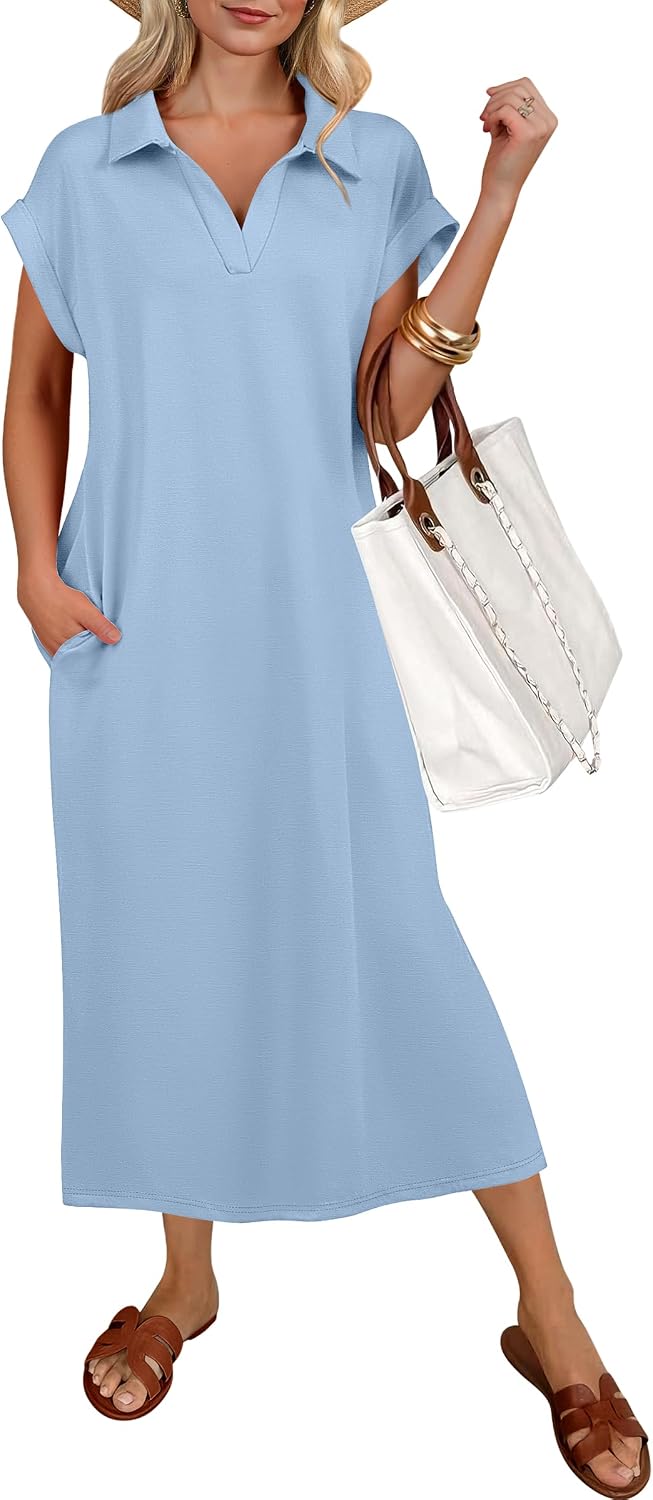 ANRABESS Womens Summer Casual Polo V Neck Dresses | Short Sleeve Split Tshirt Maxi Dress with Pockets, Soft Wrinkle-Free Loose Fit, Beach Vacation Travel Outfit, Summer Clothes