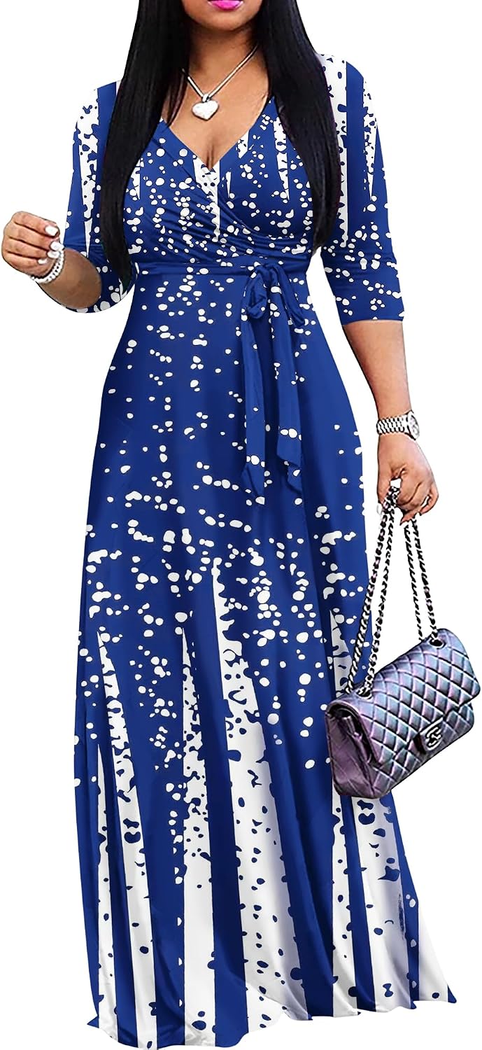FANDEE Plus Size Maxi Dress for Women - Summer Long Dresses Casual | Women's Curvy Fit Long Dress, Semi\u2011Formal Print Fitted Wrap Dress with Pockets & Belt, 3\/4-Sleeve V-Neck