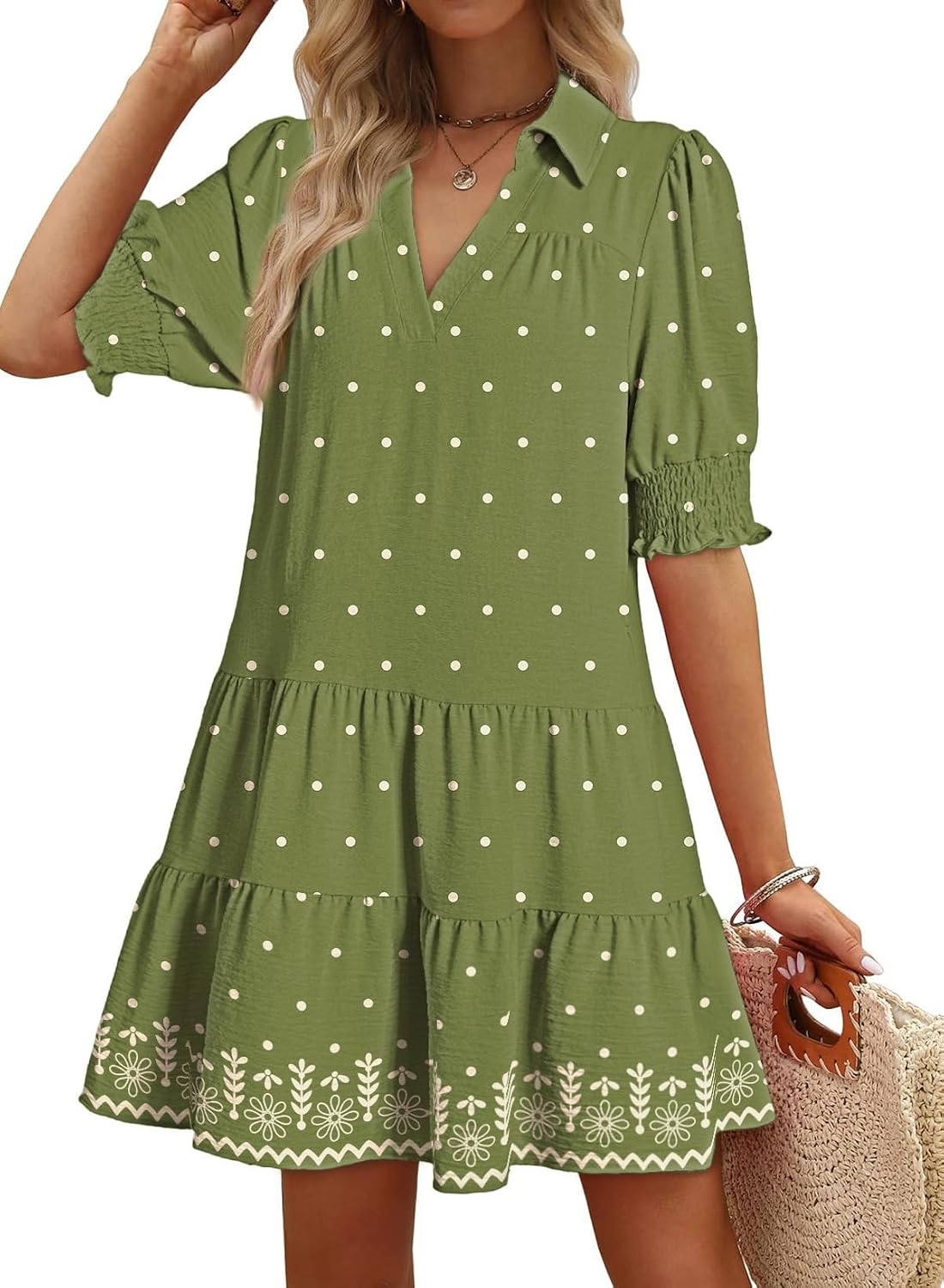 Dokotoo Casual Dresses Lapel Collared Pleated 2026 Midi Summer Dresses | Summer Fall Outfits,V Neck,Lapel Collared,Mid Sleeved,Boho Sundress,Baby Doll Dresses,Vacation,with Pockets,Loose Fit
