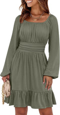 ANRABESS Women Long Lantern Sleeve Square Neck Fall Short Dress | Elastic Waist Belly Hide,Ruffle Flowy A-Line Mini Dress,Backless,Spring Summer Fashion Trendy,Cute Travel & Party Daily Wear
