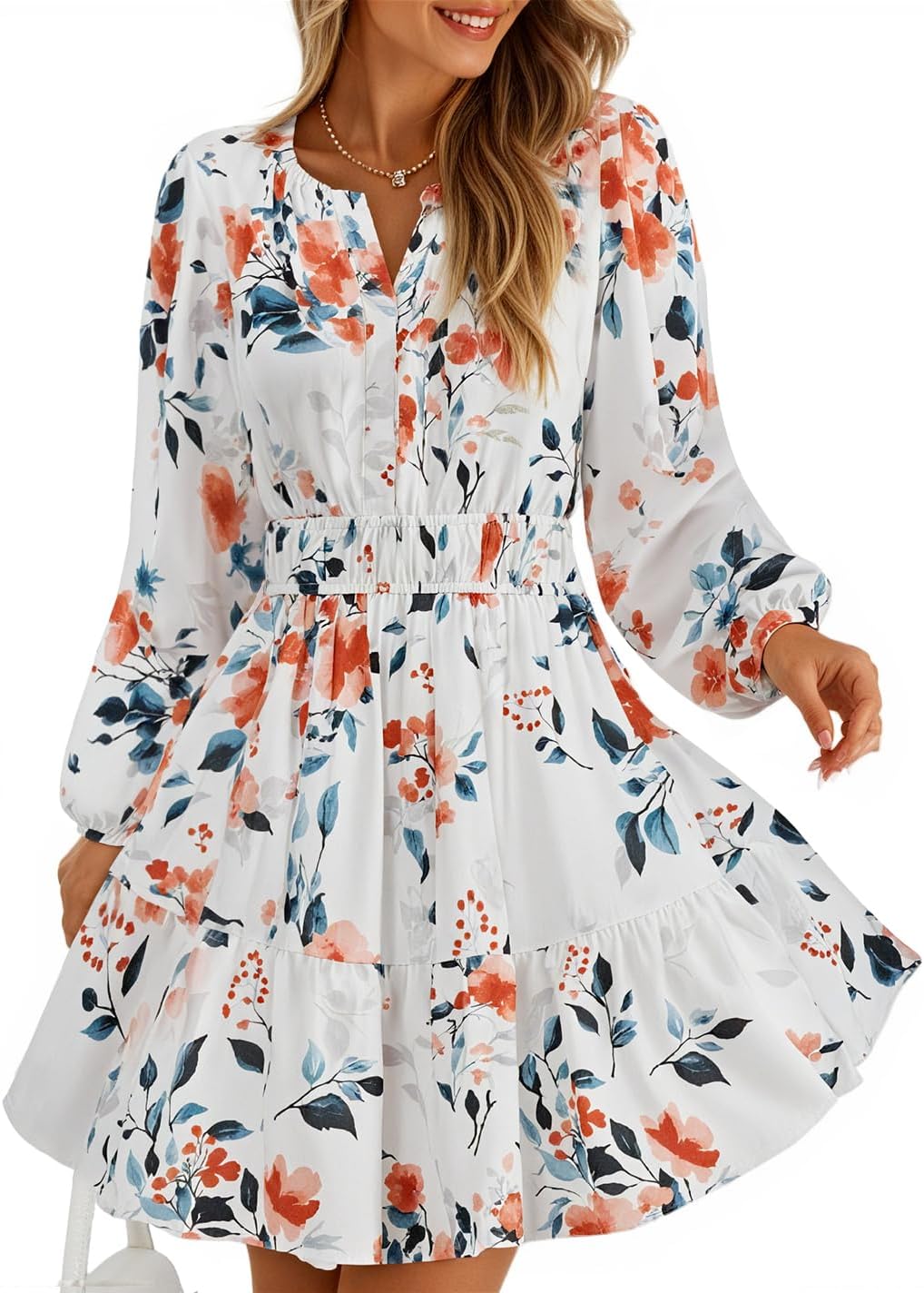 ZESICA Womens Fall Floral Long Sleeve Wedding Guest Mini Dresses | With Pockets, V Neck, A-Line, Ruched Waist, Double Lined, Flowy Short Dress, Going Out Outfits