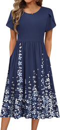 HOTOUCH Women's Summer A-Line Midi Dresses 2026 Casual Floral Short Sleeve T-Shirt Dress Flowy Beach Sundress with Pockets