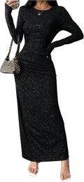 BEAUDRM Women's Fall Wedding Guest Dress Long Sleeve Cocktail Date Night Sexy Y2K Bodycon Ruched Mesh Formal Maxi Dresses
