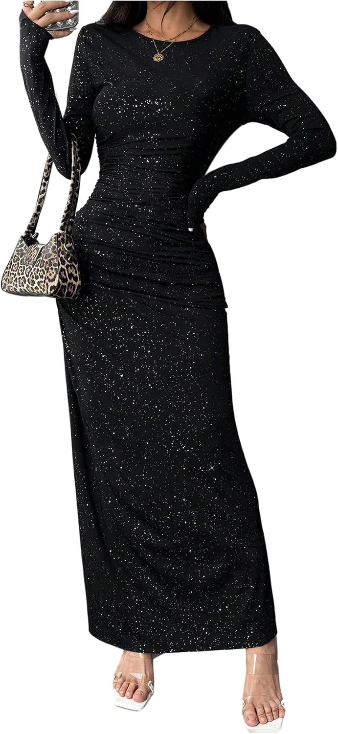 BEAUDRM Women's Fall Wedding Guest Dress Long Sleeve Cocktail Date Night Sexy Y2K Bodycon Ruched Mesh Formal Maxi Dresses