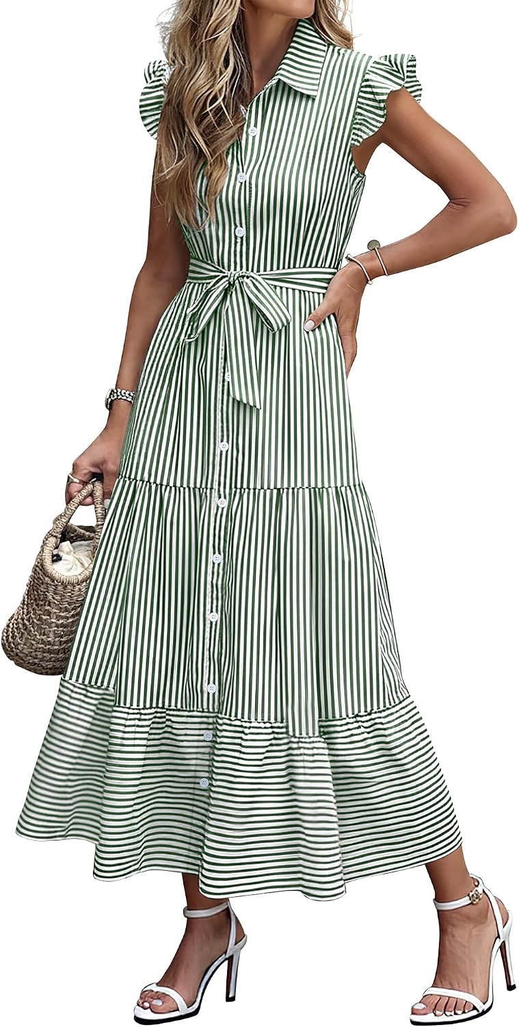 Caracilia Womens Summer Casual Ruffle Cap Sleeve Maxi Dress Button Down Striped Plaid Tie Waist Vacation Long Shirt Dresses