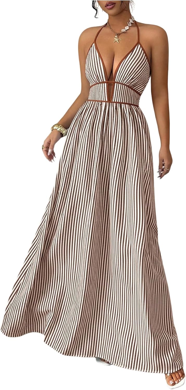Floerns Women's Striped Halter Maxi Dress Backless Smocked Boho Dress | Striped, Halter Neck, Contrast Trim, Tropical Beach Vacation Outfits, Wedding Guest, Cute Maxi Dress