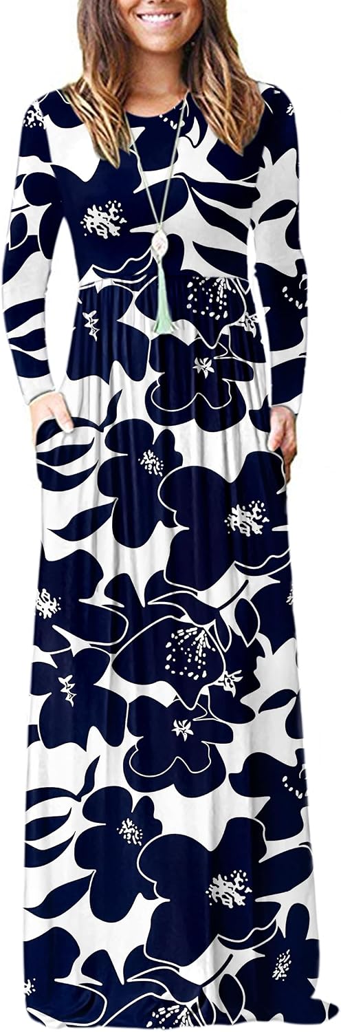 AUSELILY Womens Long Sleeve Maxi Dress Casual Empire Waist with Pockets | Versatile year round long dress for spring, fall, winter, available in floral prints and solids