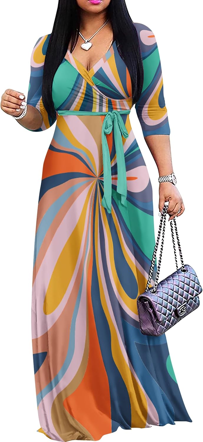 FANDEE Plus Size Maxi Dress for Women - Summer Long Dresses Casual | Women's Curvy Fit Long Dress, Semi\u2011Formal Print Fitted Wrap Dress with Pockets & Belt, 3\/4-Sleeve V-Neck