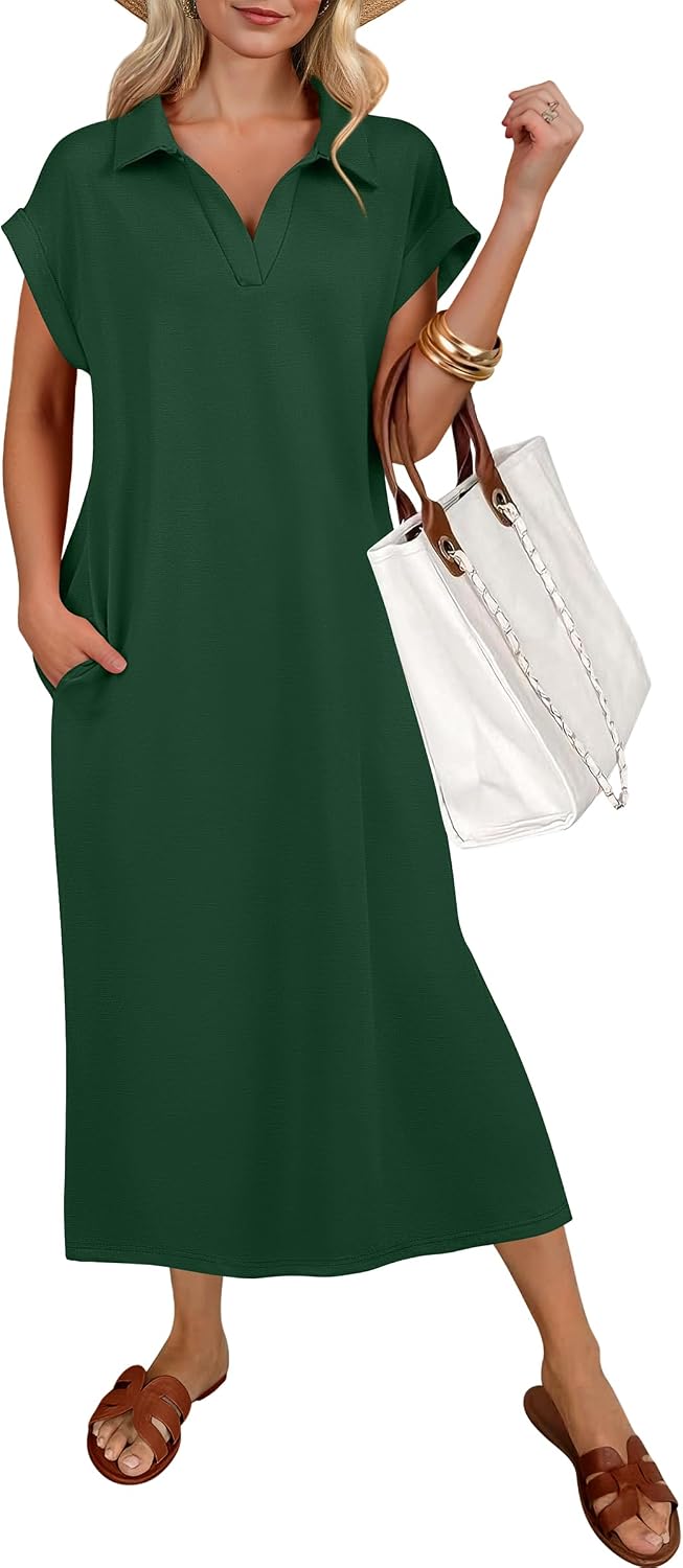 ANRABESS Womens Summer Casual Polo V Neck Dresses | Short Sleeve Split Tshirt Maxi Dress with Pockets, Soft Wrinkle-Free Loose Fit, Beach Vacation Travel Outfit, Summer Clothes