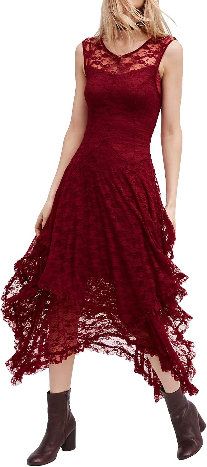 R.Vivimos Womens Lace Long Dress with Slip Two Pieces | Sleeveless, Backless, Asymmetrical Layered Hem, Beach, Vacation, Wedding, Cocktail, Party Outfits