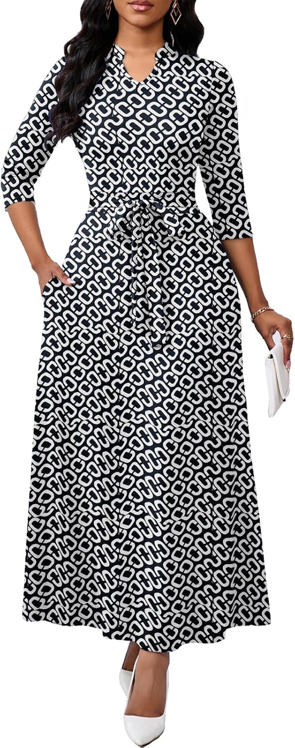 BubFee Maxi Dresses for Women Semi Formal Long Dress 3\/4 Sleeve Casual A-line Church Dresses with Pockets