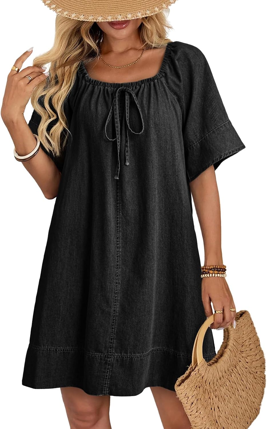 Dokotoo Women's Denim Dress Lightweight Flowy Tie Knot Cotton Jean Dress | Square Neck,Flare Sleeve,Babydoll Dress,Trendy,Casual,Elegant,A-Line,Summer Outfit,Loose,Mini Dress