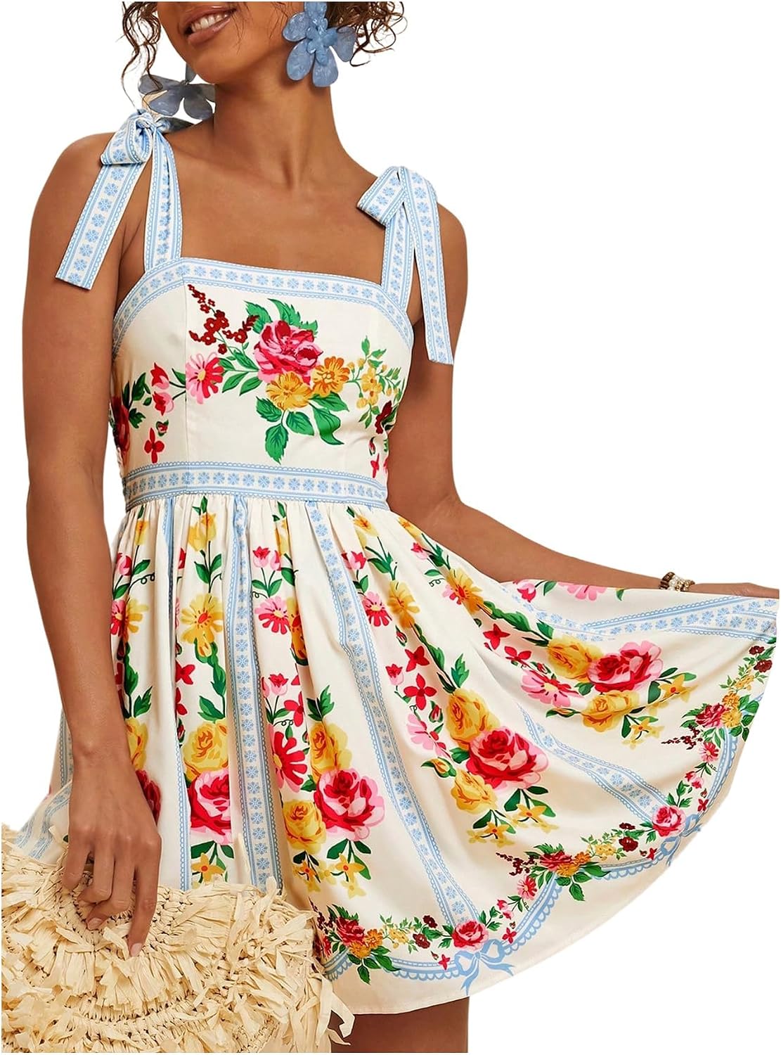 OYOANGLE Boho Dresses for Women Tropical Summer Dresses Mini Dress Sundress | Floral，Sleeveless，Tie Shoulder,Brunch Dress,Flowy Dress,Vacation Outfits，Hawaiian Dresses