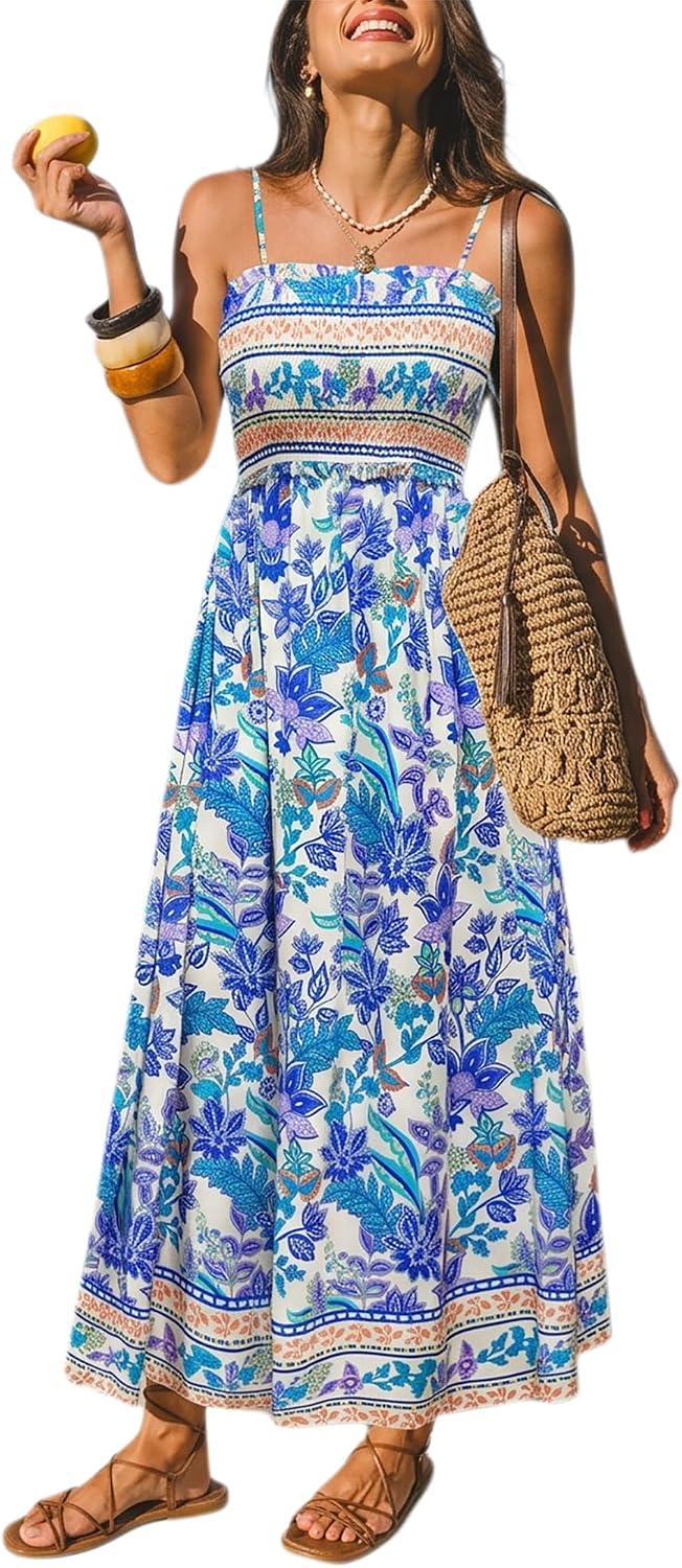 CUPSHE Women Maxi Summer Dress 2026 Floral Flowy Sundress | Spaghetti Straps Smocked Beachwear, Sleeveless, Empire Waist A Line Long Dresses, Boho Vacation Outfit, Fashion Clothes