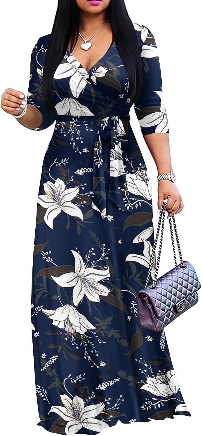 FANDEE Plus Size Maxi Dress for Women - Summer Long Dresses Casual | Women's Curvy Fit Long Dress, Semi\u2011Formal Print Fitted Wrap Dress with Pockets & Belt, 3\/4-Sleeve V-Neck