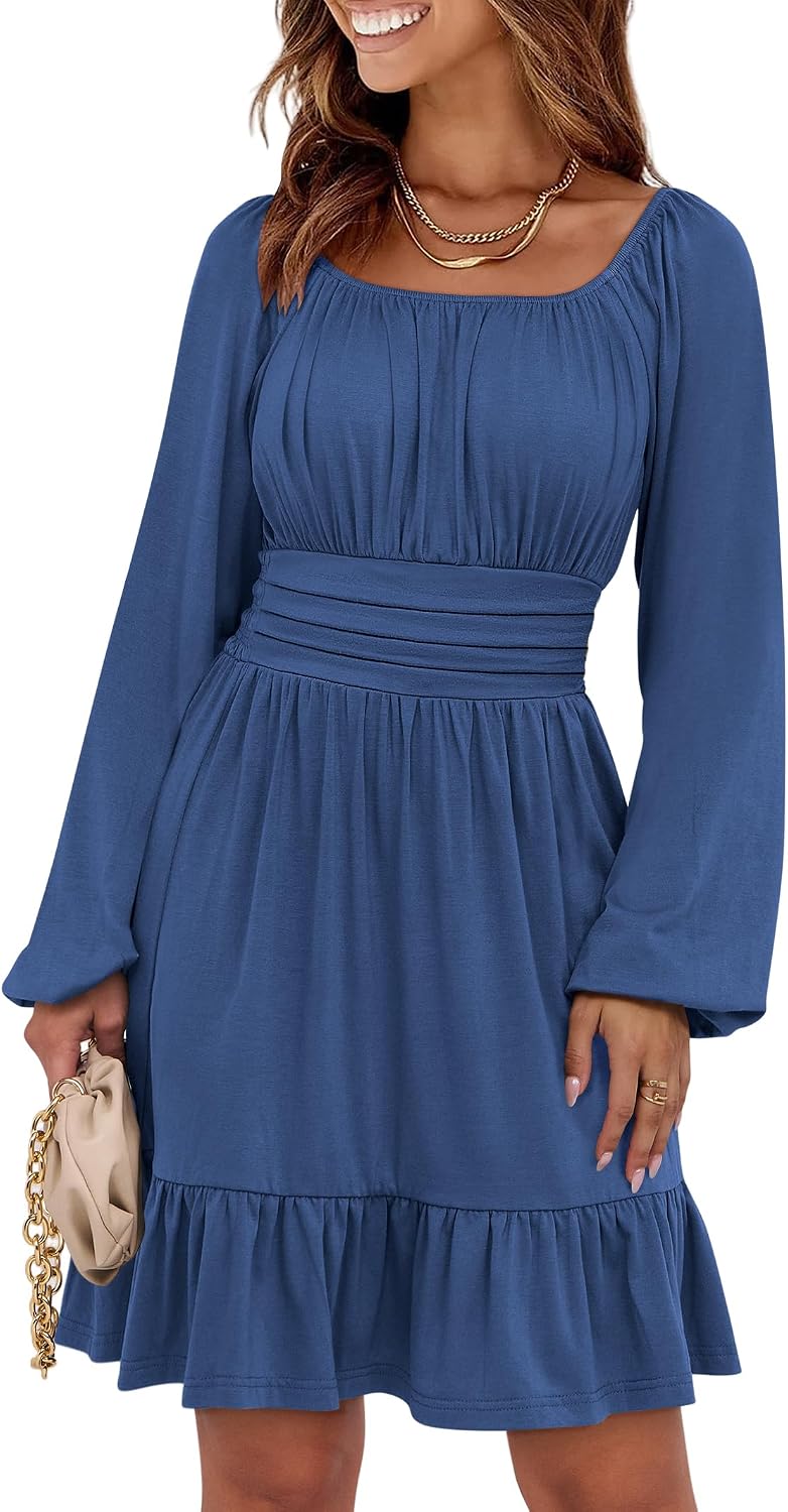 ANRABESS Women Long Lantern Sleeve Square Neck Fall Short Dress | Elastic Waist Belly Hide,Ruffle Flowy A-Line Mini Dress,Backless,Spring Summer Fashion Trendy,Cute Travel & Party Daily Wear