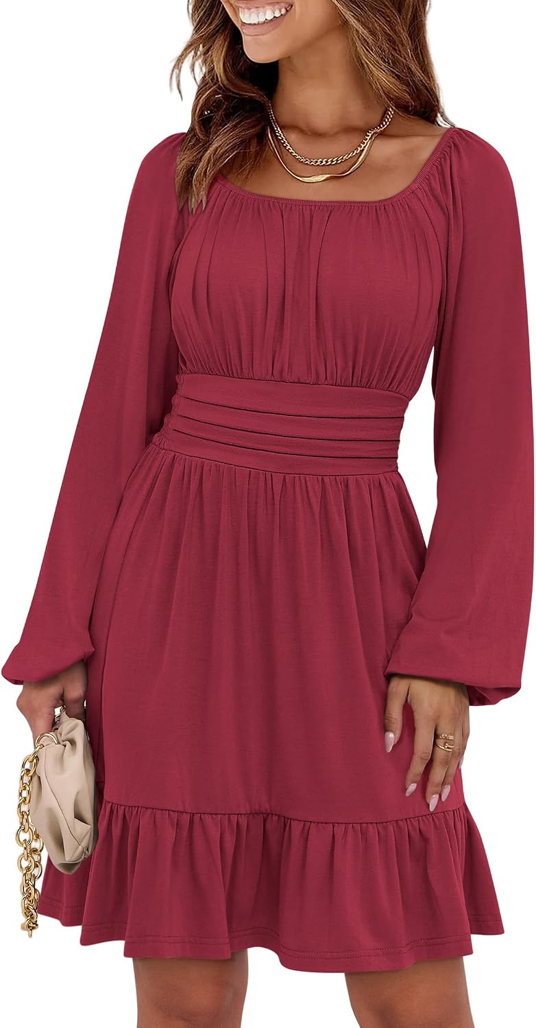 ANRABESS Women Long Lantern Sleeve Square Neck Fall Short Dress | Elastic Waist Belly Hide,Ruffle Flowy A-Line Mini Dress,Backless,Spring Summer Fashion Trendy,Cute Travel & Party Daily Wear