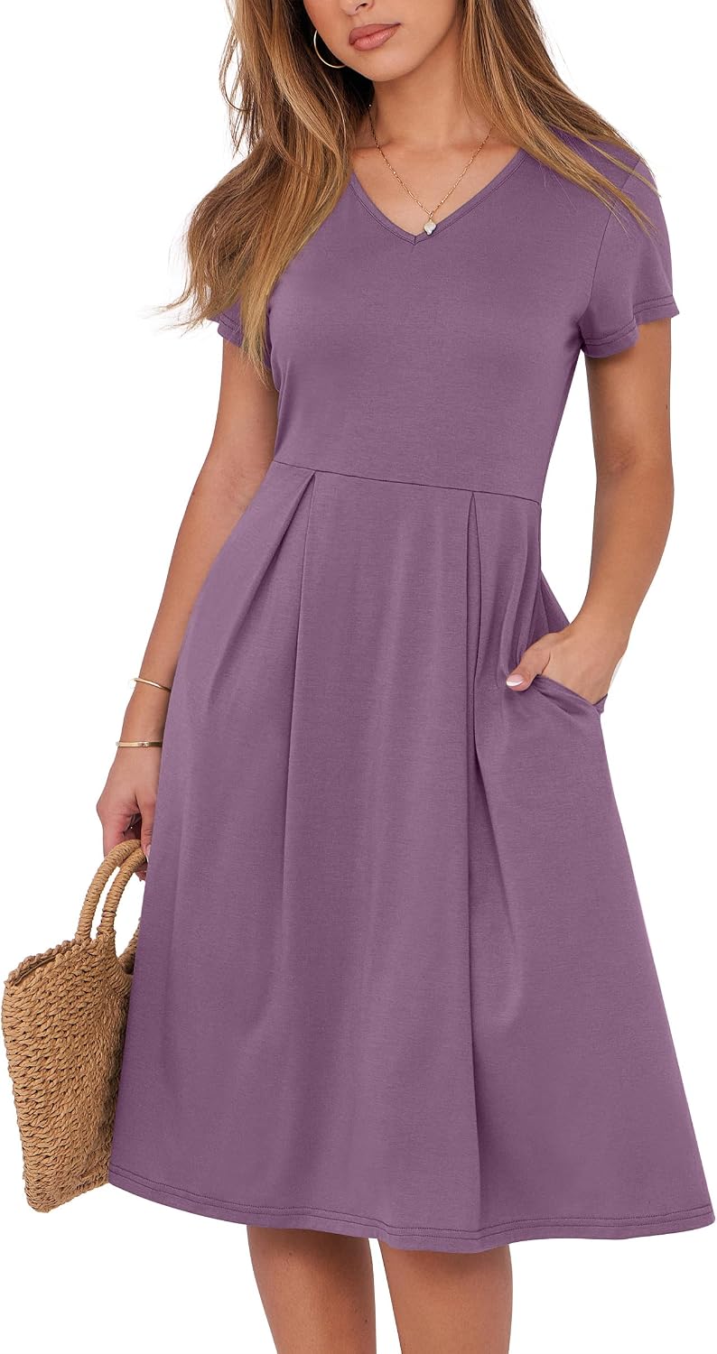 ANRABESS Women Summer Casual Short Sleeve A Line Midi Dresses with Pocket | V Neck Knee Length Pleated Flowy Slim Fit, Casual Business Office Work Teacher Wear, Church Funeral Wedding Guest Outfits