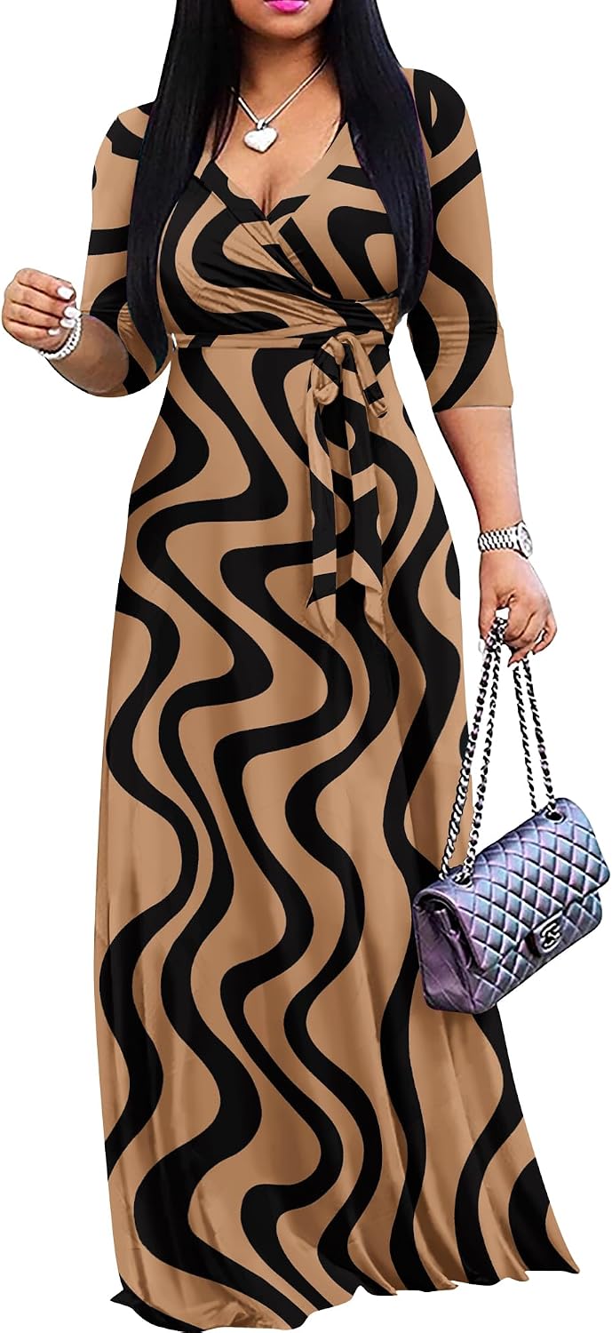 FANDEE Plus Size Maxi Dress for Women - Summer Long Dresses Casual | Women's Curvy Fit Long Dress, Semi\u2011Formal Print Fitted Wrap Dress with Pockets & Belt, 3\/4-Sleeve V-Neck