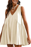 OPCAKM Women's V Neck Sleeveless Mini Dress Pleated Sundress | Soft Cotton Babydoll Summer Dresses,Flowy Swing Loose Fit for Casual Daily Wear,Party and Outdoor Activities
