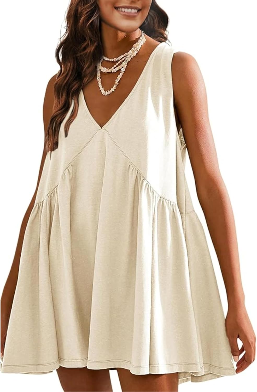 OPCAKM Women's V Neck Sleeveless Mini Dress Pleated Sundress | Soft Cotton Babydoll Summer Dresses,Flowy Swing Loose Fit for Casual Daily Wear,Party and Outdoor Activities